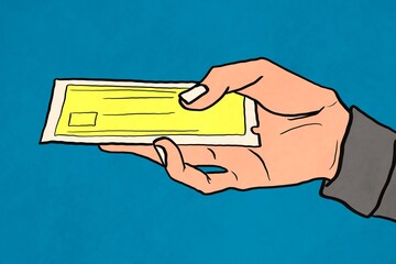Hand holding a ticket illustration with blue background