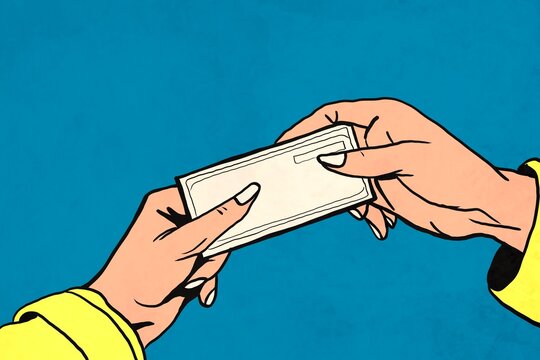 Illustrated depiction of hands exchanging a ticket