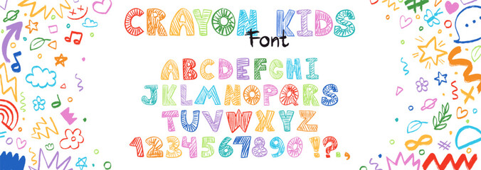 Crayon kids font, doodle funny playful alphabet, hand drawn letters and numbers. School wax crayon abc for educational banners, school, kindergarten. Vector cartoon children illustration