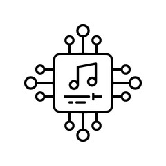 Music and AI Technology Chip Icon. Minimalist symbol depicting a microchip with a musical note, symbolizing artificial intelligence, digital music, and sound technology