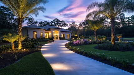 Fototapeta premium Luxurious Home Evening Landscape Lighting Design