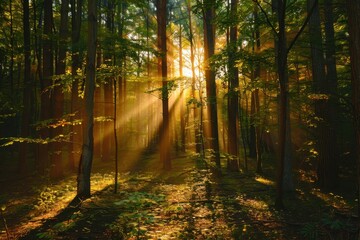 Obraz premium Sunlight filtering through trees in a forest creates a magical atmosphere during early morning hours after a fresh rain