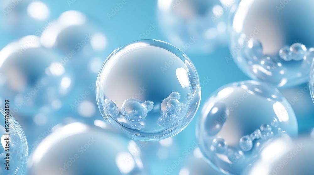 Poster shiny transparent bubbles floating against a soft blue background