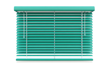 Bright turquoise blinds filtering sunlight in a modern, minimalistic room with white walls isolated on transparent background