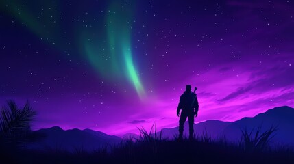 A lone figure stands silhouetted against a stunning display of the aurora borealis, illuminating the night sky with vibrant purple and green hues over a serene landscape.