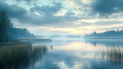 Fototapeta premium Serene sunrise over misty lake with reflections and clouds in peaceful natural landscape