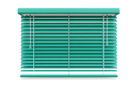 Bright turquoise blinds filtering sunlight in a modern, minimalistic room with white walls isolated on transparent background