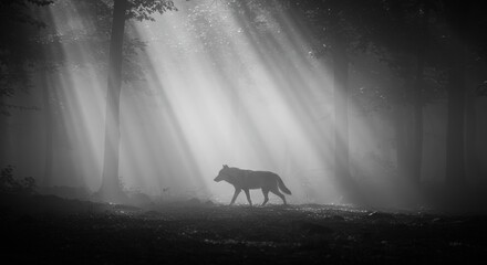 Lone wolf in foggy forest