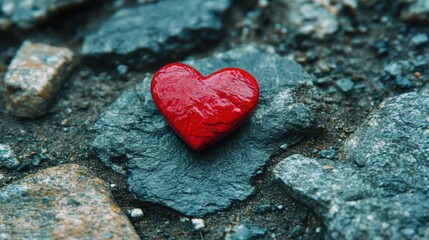 Fototapeta premium Red Heart Shaped Stone Rests on Gray Rocks, Symbolizing Love and Affection.
