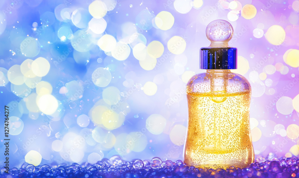 Poster vibrant image of glowing serum bottle with bubbles against colorful bokeh background, creating magic
