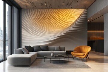 Modern Living Room Interior Design Showcases Elegant Furniture and Abstract Wall Art. Cozy Home Decor with Minimalist Style and Warm Lighting, Creates Relaxing Atmosphere.
