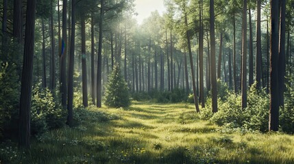 Fototapeta premium Sunlit forest pathway with tall pine trees and lush greenery