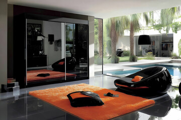 Modern black wardrobe in a contemporary home with a pool view; Interior design concept