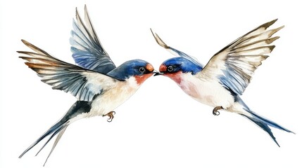 Two swallows engaged in a delicate dance mid-air, displaying graceful symmetry and colorful feathers