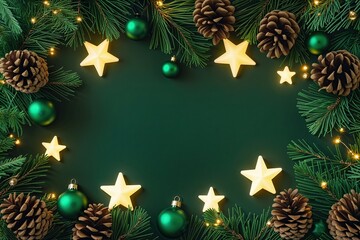 Emerald Pinecone and Glowing Star Holiday Card Border for a Festive Ambiance