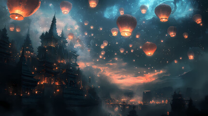 Fototapeta premium A breathtaking illustration of numerous sky lanterns ascending into the night sky, creating a magical and enchanting scene. Enchanted Floating Lanterns. Illustration