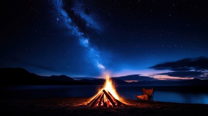 A mesmerizing campfire burns brightly against a starry night sky, creating a serene atmosphere perfect for storytelling and relaxation in nature's embrace.