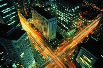 City lights illuminate the night with vibrant streaks, urban intersection with traffic flow, showcasing night cityscape and modern architecture.