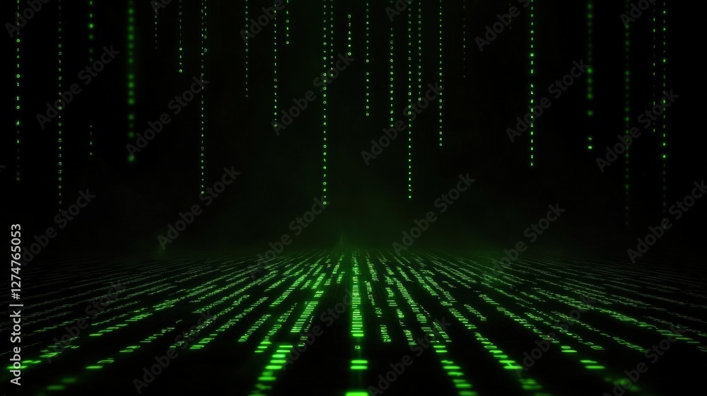 Poster a mesmerizing digital landscape with green code cascading down, creating an immersive and futuristic