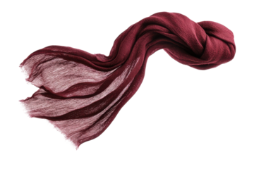 Elegant burgundy scarf flowing against a minimalist white background in soft light isolated on transparent background