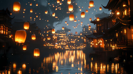 Enchanted asian city at night with floating lanterns. Enchanted Floating Lanterns. Illustration