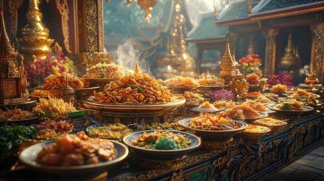 Lavish thai buffet spread outdoors showcasing authentic street food and traditional spice dishes
