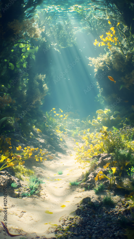 Poster sunbeams filtering through ocean water illuminating seabed with yellow corals and aquatic plants in 