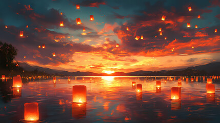 Enchanted lake: a symphony of floating lanterns at sunset. Enchanted Floating Lanterns. Illustration