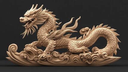 Fototapeta premium Intricate wooden dragon sculpture with flowing waves on dark background