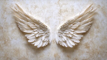 Elegant white feathered angel wings on textured beige background