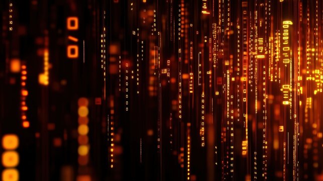 A mesmerizing display of glowing orange digital binary codes cascading down, representing data flow and technological advancement in modern computing and information systems.