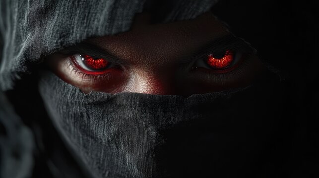 Mysterious figure with glowing red eyes, shrouded in black fabric, intense gaze, dark and eerie atmosphere