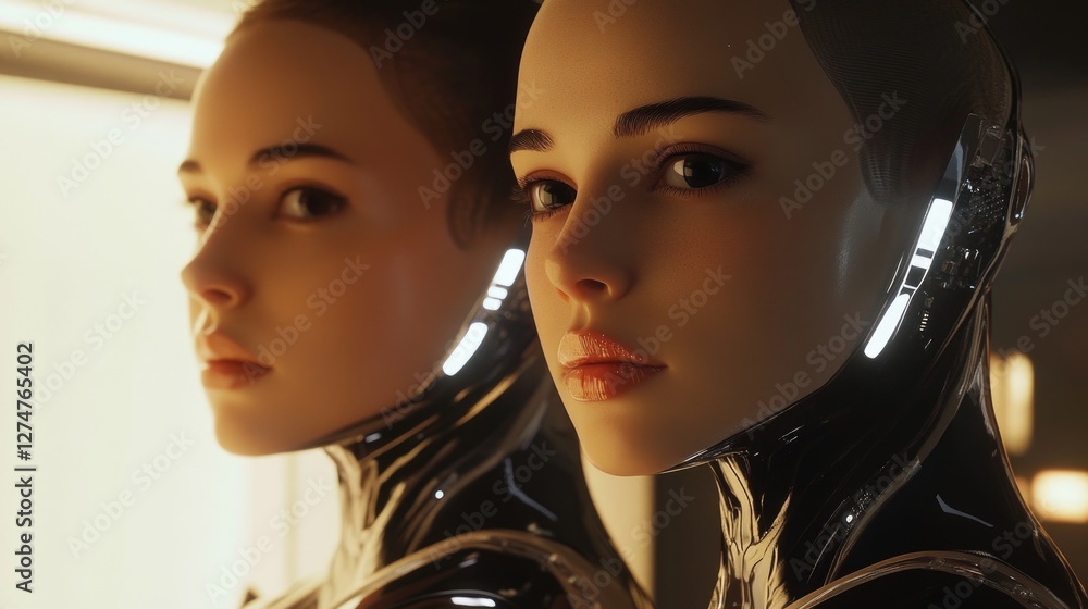 Poster a robot with humanoid features, reflecting its advanced technological design.