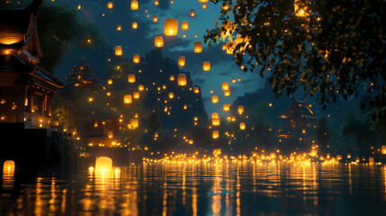Obraz premium Enchanted night: a thousand floating lanterns illuminate ancient waterways. Enchanted Floating Lanterns. Illustration