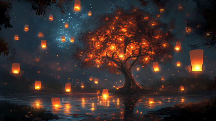Enchanted night: digital painting of a glowing tree and floating lanterns ai generated. Enchanted Floating Lanterns. Illustration