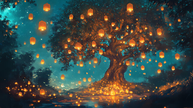Enchanted night: digital painting of a glowing tree and floating lanterns ai generated. Enchanted Floating Lanterns. Illustration