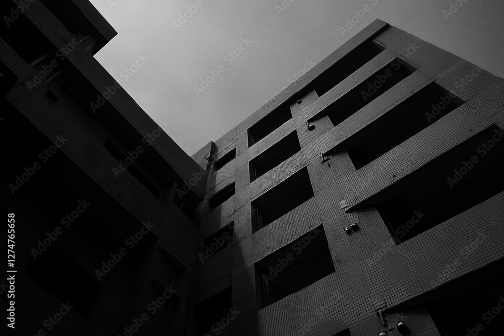 Poster building facade rises with geometric patterns, architectural study of urban spaces and modern design