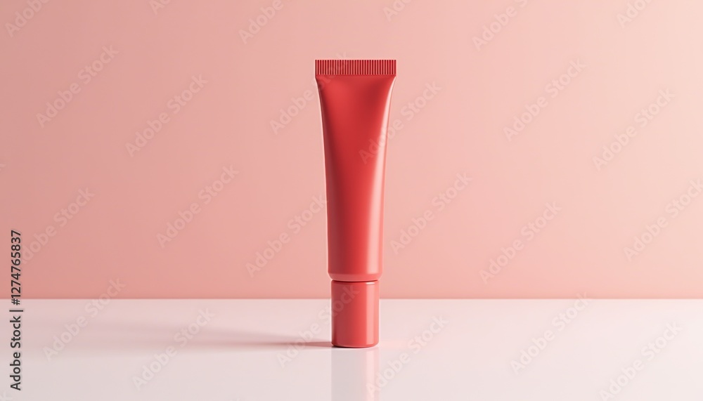 Poster High-quality 3D render of lip gloss tube with matte red finish and matching cap, standing upright on reflective white surface with soft natural highlights, clean and modern design with copy space