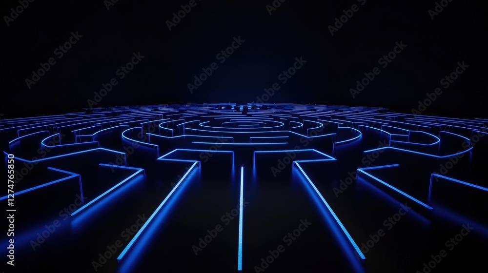 Aufkleber a mesmerizing view of a blue neon labyrinth design set against a dark background, symbolizing comple