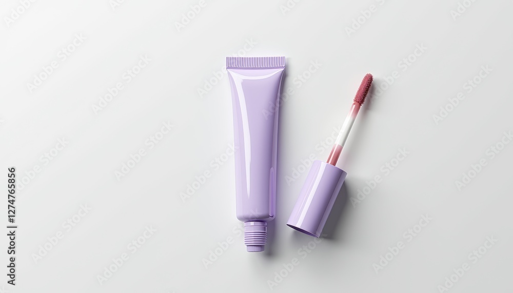 Aufkleber Minimalist lip gloss tube mockup top-down view with soft pastel lavender packaging and sleek wand on seamless white background, simple and stylish branding-ready layout with copy space