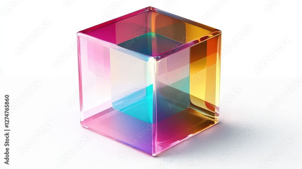 Poster multicolored transparent cube with rainbow reflection on white surface