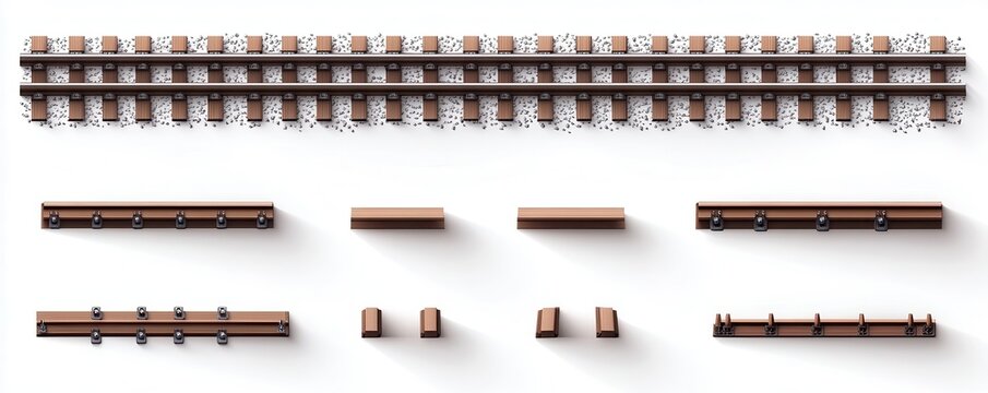 Detailed railway track pieces including rails and sleepers on white background