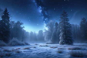 Fototapeta premium Serene Winter Night Landscape with Starry Sky and Frosty Atmosphere