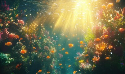 Obraz premium A lively underwater coral reef scene illuminated by sunbeams.