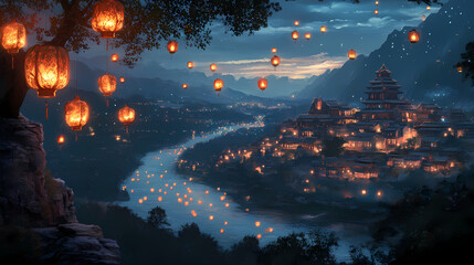 Obraz premium Enchanting fantasy city at night, illuminated by floating lanterns, viewed from a cliff overlooking a river. Enchanted Floating Lanterns. Illustration