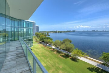 Obraz premium Modern Balcony Overlooks Lush Green Park and Scenic Waterfront with City Skyline. Luxury Living, Waterfront Views.