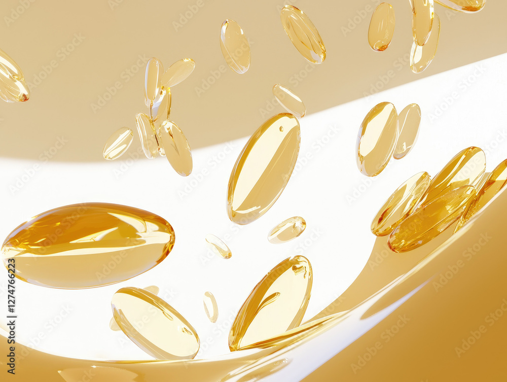 Poster golden capsules floating in bright, abstract space, creating dynamic and energized scene. capsules a