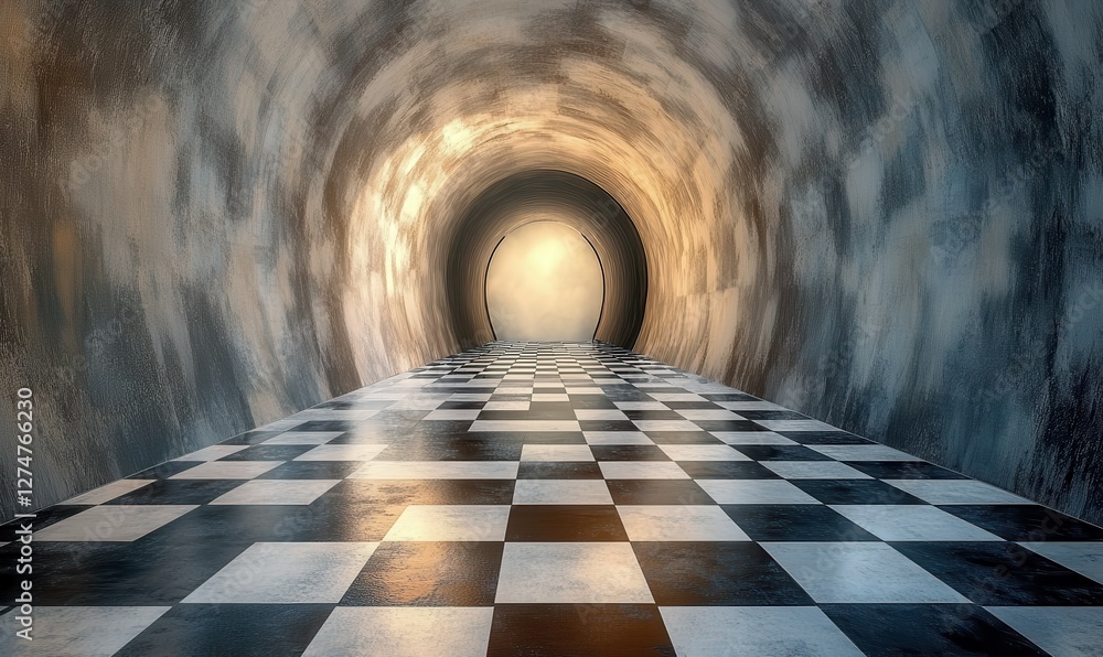 Poster a pattern of abstract geometry includes a checkered floor that leads to a luminous light at the tunn