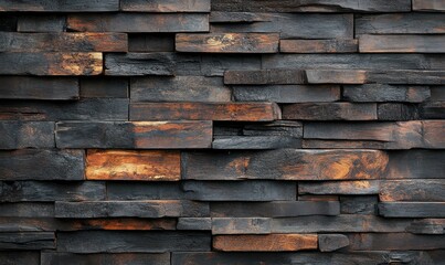 A near look at an old wooden wall made of charred planks, revealing a luxurious blend of brown and black tones and a textured finish.