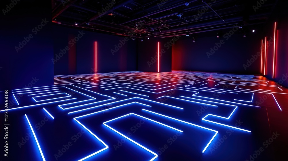 Poster a modern and vibrant room featuring intricate neon light patterns on the floor, ideal for creative p
